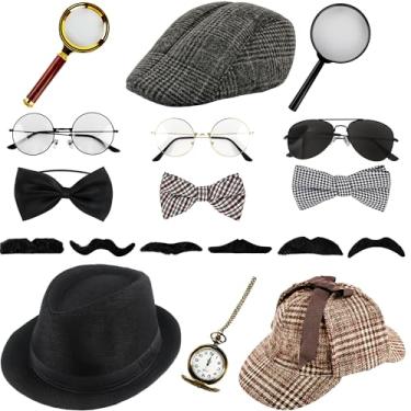 Imagem de Puteraya 16 peças acessórios de fantasia de detetive chapéu de deerstalker kit de óculos chapéu de detetive vestido para adultos cosplay de Halloween