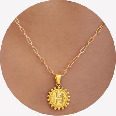 Imagem de Colar com inicial para mulheres, colar com pingente de letra, corrente de clipe de papel, joia de monograma, moeda do alfabeto, pronto em camadas, 14+2in, Aço inoxidável, Sem Pedra Preciosa