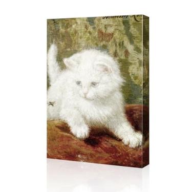 Imagem de Arte de parede de pintura em tela para sala de estar, decoração de parede de quarto, imagens de pintura a óleo de animais para presentes, impressões artísticas de gato branco 40,6 x 61 cm