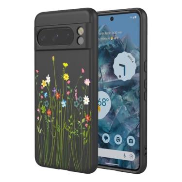 Imagem de OEURVQO Capa artística para Google 8 Pro, capa de silicone líquido de toque macio com forro fofo, compatível com carregamento sem fio, capa protetora para Google Pixel 8 Pro, flores silvestres pretas