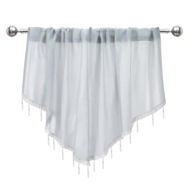 Imagem de Cortina de saia transparente triângulo com contas para janelas, sanefas de janela com bolso de haste com acabamento de borla, topos de cortina de voile curto para sala de estar, quarto, cozinha (cinza