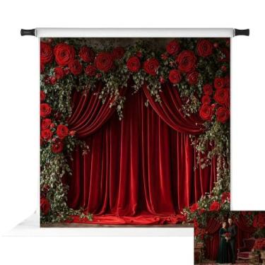 Imagem de Kate Cortina de veludo com arco de flor de rosa vermelha dos namorados, adereços de estúdio de fundo fotográfico, 3 x 3 m