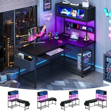 Imagem de Mesa de jogos em forma de L com armários, mesa de canto para computador de 99 cm com luzes LED e tomadas, mesa de escritório em casa em forma de L com placa de suporte e bandeja de teclado, pequena
