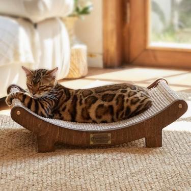Imagem de FUKUMARU Cama arranhadora de sisal para gatos, cama durável para arranhões de 60 cm para gatos internos, rede de sisal 100% natural, espreguiçadeira de madeira maciça para dormir e arranhar (marrom)