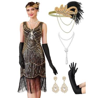 Imagem de RRYIO Vestidos melindrosa anos 1920 para mulheres, mangas com contas transparentes, vestidos Gatsby, vestidos loucos anos 20, fantasias com acessórios (ouro preto, P)