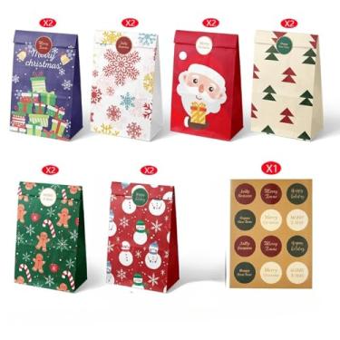 Imagem de 12 unidades de sacos de Natal com adesivos, sacos de presente de Natal, lembrancinhas de festa, suportes de presente de Natal para lanches de biscoitos doces, mini papel de presente de artesanato