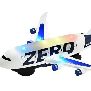 Imagem de ZERO Avião de Brinquedo com Luzes e Som, Modelo A0450, Branco e Azul Marinho, 35cm x 30cm x 14cm, Movimento Automático, para Crianças