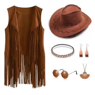 Imagem de RRMMNIU Conjunto de fantasia de vaqueira ocidental dos anos 60, 70, feminino, discoteca, hippie, com chapéu, acessórios de joias (marrom A, grande)