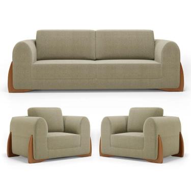 Imagem de Kit 02 Poltronas E 01 Sofá Bloom 200cm 03 Lugares Com Pés De Madeira Bouclê Bege - Abmaza