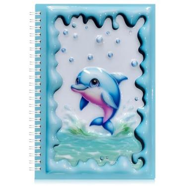 Imagem de omatek smart technologies Caderno espiral A5 – Caderno espiral fofo de capa dura com capa brilhante 3D, 80 folhas – Caderno escolar para crianças, meninas e meninos, caderno de presente – Golfinho