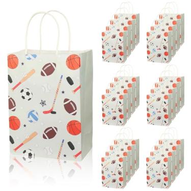 Imagem de Pinsit 24 peças de sacolas esportivas para lembrancinhas, bolsas esportivas com padrões de beisebol, basquete, futebol, bolsa de brinde com alças para festa de aniversário temática esportiva