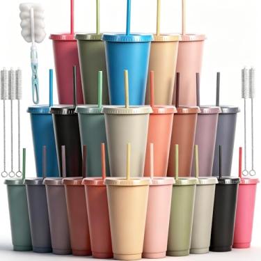 Imagem de Alohastarttg Pacote com 12 copos de plástico com tampas e canudos, copo reutilizável de 680 g, copo de café gelado, caneca de viagem, copos personalizados para festas, lembrancinhas de festa para