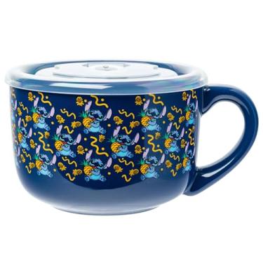 Imagem de Silver Buffalo Lilo and Stitch segurando abacaxi padrão 680 g caneca de sopa de cerâmica com tampa de plástico ventilada