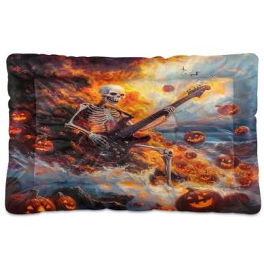 Imagem de Wassud Cama grande para cães de esqueleto de Halloween tocando guitarra tapete de cachorro lavável para animais de estimação cama de gato para dormir viagens 91 x 61 cm
