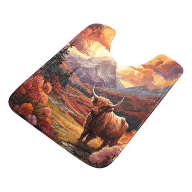 Imagem de Burbuja Tapete de banheiro Fall Highland Cow, tapete de banho absorvente de pelúcia macio, base antiderrapante para piso de banheiro, oval em forma de U