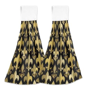 Imagem de Toalhas de mão personalizadas de flor de lis douradas pretas penduradas para cozinha, banheiro, conjunto de 2 toalhas de mão de cozinha absorventes decorativas, 46 x 35 cm