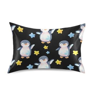 Imagem de Travesseiros refrescantes engraçados pinguins estrelas preto desenho animado cetim decorativo padrão king queen travesseiro decoração travesseiro cama king size 101,6 cm x 50,8 cm