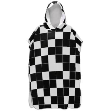 Imagem de Joisal Poncho de surf xadrez preto e branco para adultos, roupão vestível, ponchos de praia para homens, estampa de toalha de praia com capuz