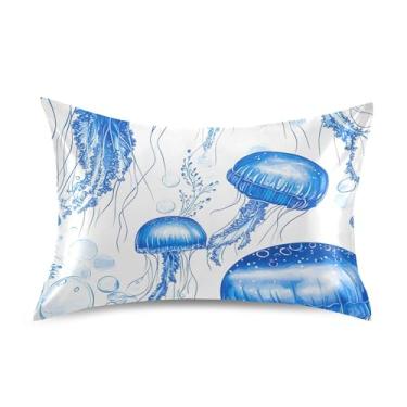 Imagem de Fronhas refrescantes personalizadas King Queen padrão chinelos decoração de cama de cetim tamanho Queen 76.2 cm x 50.8 cm Cute Blue Jellyfish