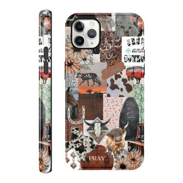Imagem de Vulfwela Capa para iPhone 11 Pro Max 16,5 cm Western Boho Collage, 2 em 1, chapéu de cowboy rosa vintage, cavalos, cabeça de touro, capa de telefone floral, Country West, à prova de choque, capa