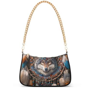 Imagem de Bolsa feminina Magic Sea World pequena Hobo bolsa feminina designer bolsa de mão com corrente sobre ombro, Apanhador de sonhos de lobo estilo boho