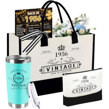 Imagem de TrophyToast Presentes de aniversário de 70 anos para mulheres - 4 peças, presentes de 70 anos, sacola de lona para decoração de praia e bolsa de maquiagem, presentes exclusivos de feliz aniversário de