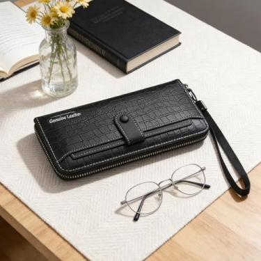 Imagem de Carteira masculina de couro legítimo de flor de lichia com vários compartimentos pretos com sensação fácil de carregar, design moderno preto com vários compartimentos com encaixe, grão de lichia