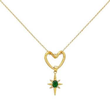 Imagem de TACBSP Colar de coração dourado feminino com pingente de coração vazado, zircão cúbico, estrela do norte, coração, casamento, dia dos namorados, joias presentes, Large, Aço inoxidável, Sem Pedra