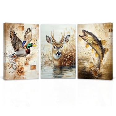 Imagem de QIXIANG Conjunto de 3 peças de arte de parede de animais de fazenda com imagens vintage de cervos em tela de peixe pato pato, decoração rústica de quarto de menino de berçário emoldurado (28 x 3 peças
