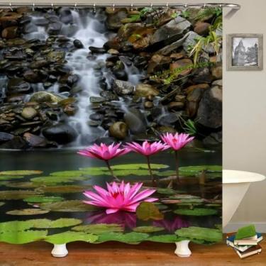 Imagem de Cortina de chuveiro com estampa de paisagem de floresta natural 3D, tecido de árvores, impermeável, para banheiro, com gancho, 130 x 220 cm/LxA, cortina de banho