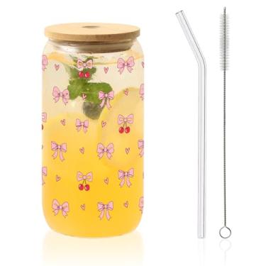 Imagem de AUOIAJAS Copos de vidro com tampas e canudos, caneca de café gelada com laço cereja presente para mulheres Dia dos Namorados, aniversário, casamento, dia das mães, Natal