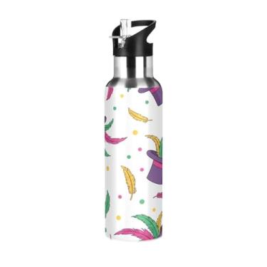 Imagem de Wassud Garrafa de água chapéus de carnaval com penas garrafa de água esportiva de aço inoxidável com canudo garrafas de água isoladas copo portátil de viagem 946 ml