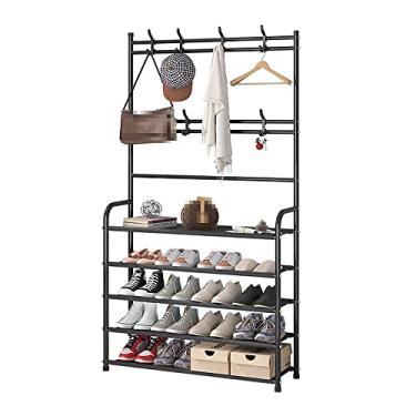 Imagem de Arara de roupas 3 em 1 árvore de metal com prateleira de 4 camadas e 8 ganchos removíveis, haste de suporte de chapéu de metal para pendurar jaqueta, montagem fácil (cor: preto, tamanho: 4 camadas