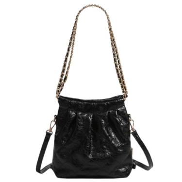 Imagem de XinYiQu Bolsa feminina fashion com alça de corrente, bolsa tiracolo de couro PU, bolsa acolchoada, Preto