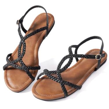 Imagem de Mtzyoa Sandálias femininas com tiras gladiador elegante tira no tornozelo verão férias conforto couro feminino casual festa moderna, Alça trançada preta, 38