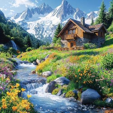 Imagem de Semneroy Kits de pintura artística de diamante com flor de cachoeira de montanha