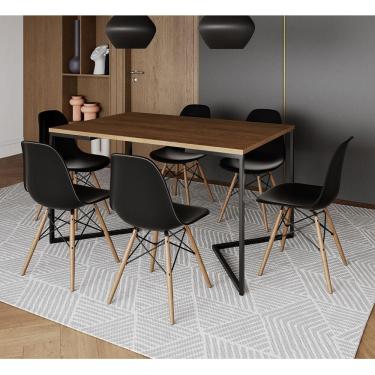 Imagem de Mesa Jantar Industrial Retangular Amêndoa 137X90Cm Base V Ferro Preto C/6 Cadeiras Preta Mad Amendoa