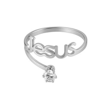 Imagem de Anel Solitario Prata Jesus 2mm Pedra Branca Reto Brilhante - Alpha Gru