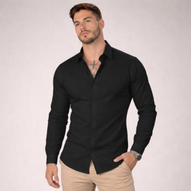 Imagem de Camisa Social Manga Longa Slim Fit Masculina Clássica - Volgue, Preto,
