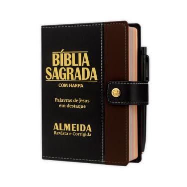 Imagem de Bíblia Sagrada Letra Grande Botão Preta C/ Marrom C/ Harpa - REI DAS B