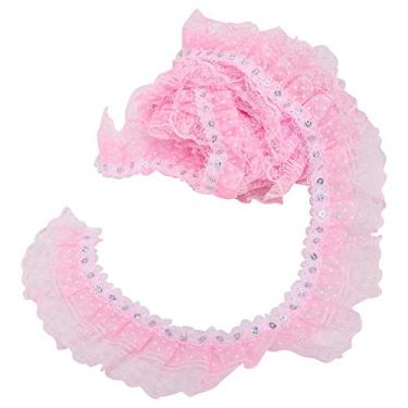 Imagem de Fita de renda de malha de 5 jardas, 45 mm com pontos de impressão plissados e acabamento em malha com fita de renda de costura lantejoulas bordadas DIY Craft (rosa)