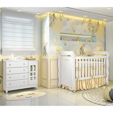 Imagem de Conjunto Infantil Cômoda Provençal 4 Gavetas com Porta e Berço Mini Cama Provençal Lisa Br Brilho Carolina Baby