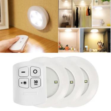 Imagem de Kit 3 Luminaria Controle Remoto Led Spot Lampada Sem Fio Pilhas Fácil Instalação Teto Parede Armários