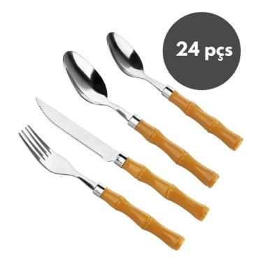 Imagem de Conjunto Faqueiro Bambu Aço Inox 24 Peças Class Home
