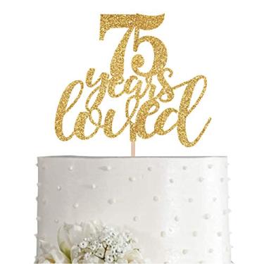Imagem de Topo de bolo de 75 anos com glitter dourado, feminino, dourado, feliz 75º aniversário, decoração de festa de aniversário, suprimentos