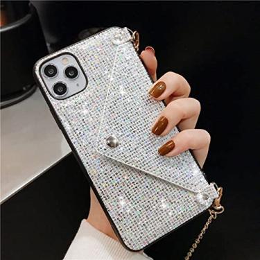 Imagem de Caso de telefone de perfuração flash para iphone 13 12 11pro max xr x xs max 7 8 plus suporte de cartão de carteira macio tpu tampa traseira com corrente, b, para iphone12