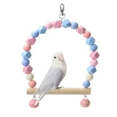 Imagem de Balanço de pássaro de madeira para calopsitas, papagaio, brinquedos pendurados, periquitos, suportes de gaiola, playground, acessórios de ginástica, brinquedo de escalada de sino de contas coloridas para periquitos, periquitos, conures e periquitos (azul e rosa)