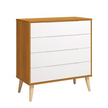 Imagem de Cômoda Elfe 4 gavetas com  Pés em Madeira Natural – Branco e Savana Fosco