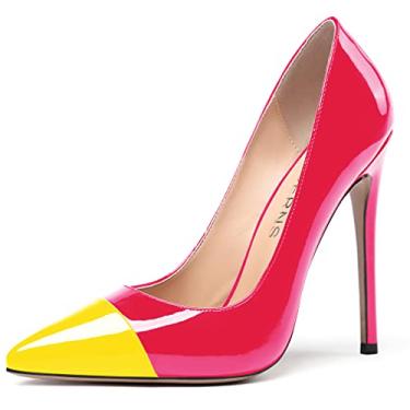 Imagem de WAYDERNS Sapatos femininos de salto alto stiletto de couro envernizado de ponta fina para festas de casamento 4,7 cm, Magenta amarela, 6.5