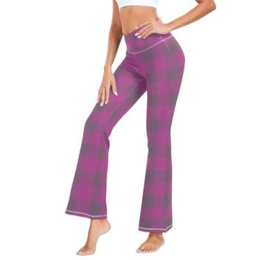 Imagem de Calça de ioga feminina xadrez violeta búfalo para Halloween calça de ioga elástica para lazer, Xadrez de búfalo violeta, P